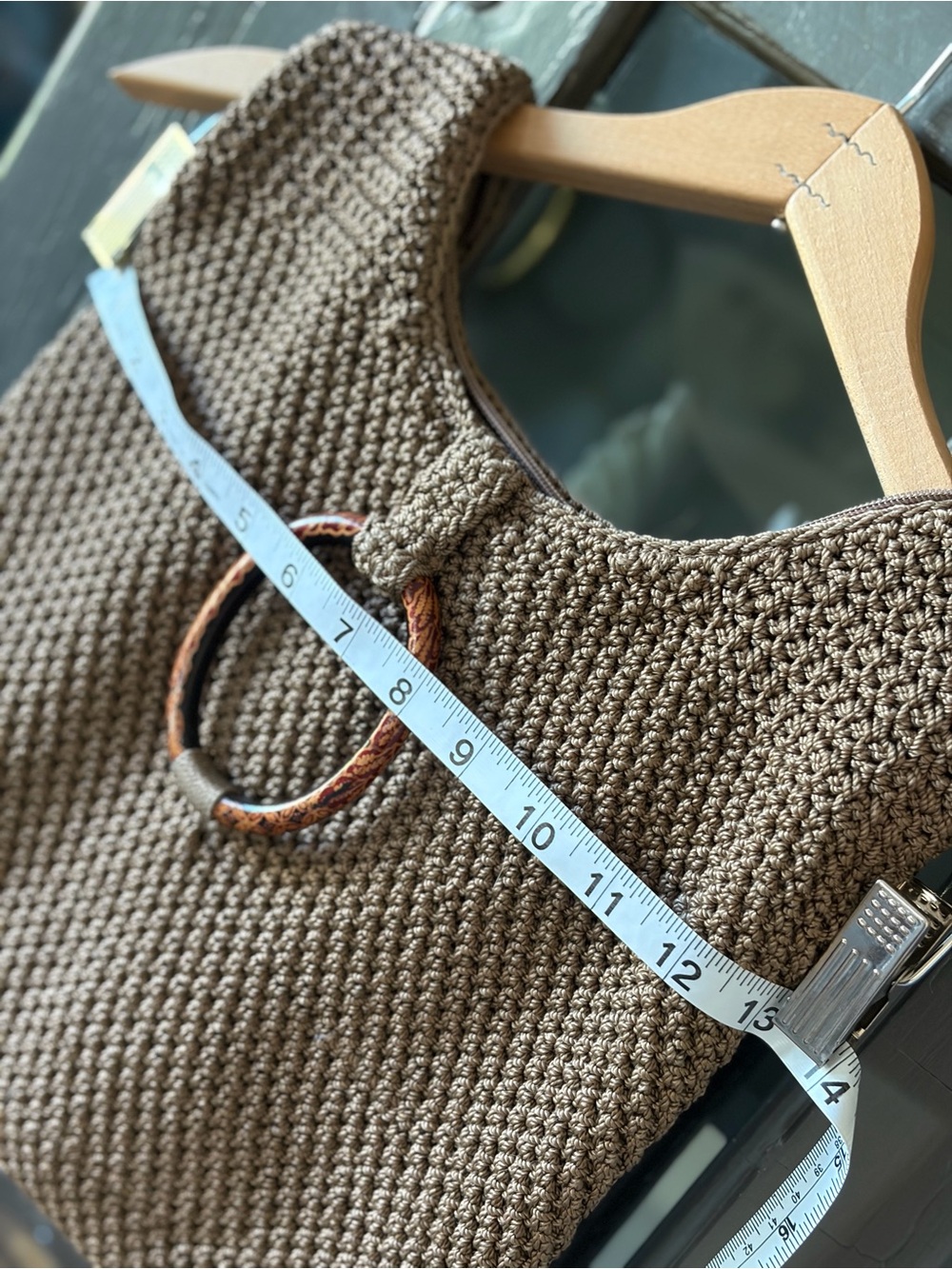 Lina Handwoven Taupe Shoulder Bag with Wooden Ring - Picture 6 of 6